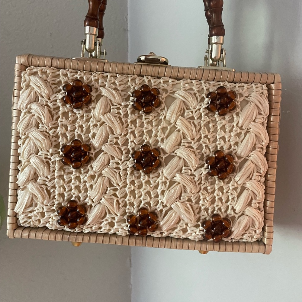 Vintage America Cream and Brown Clutch with Floral Accents